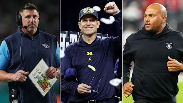 Separate photos of Mike Vrabel, Jim Harbaugh and Antonio Pierce